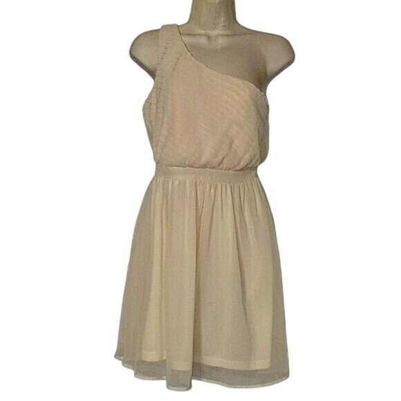 One-Shoulder Beige Pleated Chiffon Dress By Francescas - Picture 1 of 7